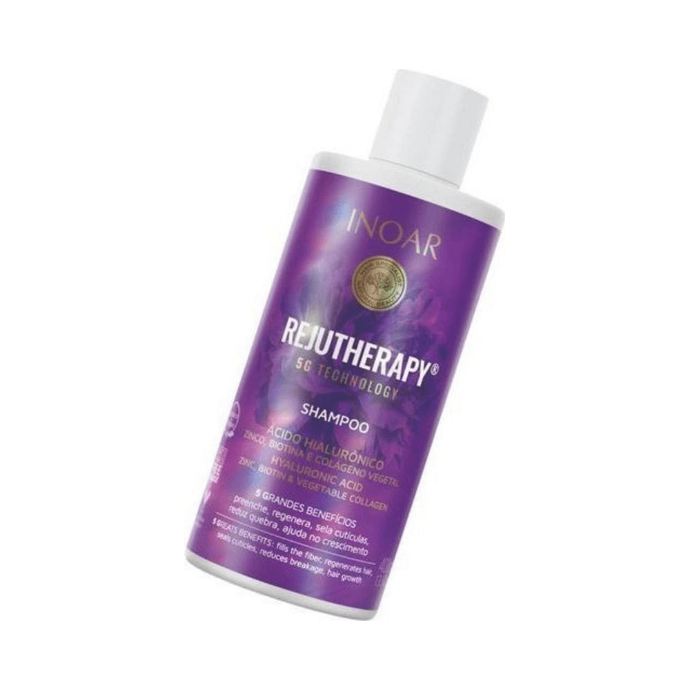 Frasco inclinado do Shampoo Inoar Rejutherapy com destaque nos ativos