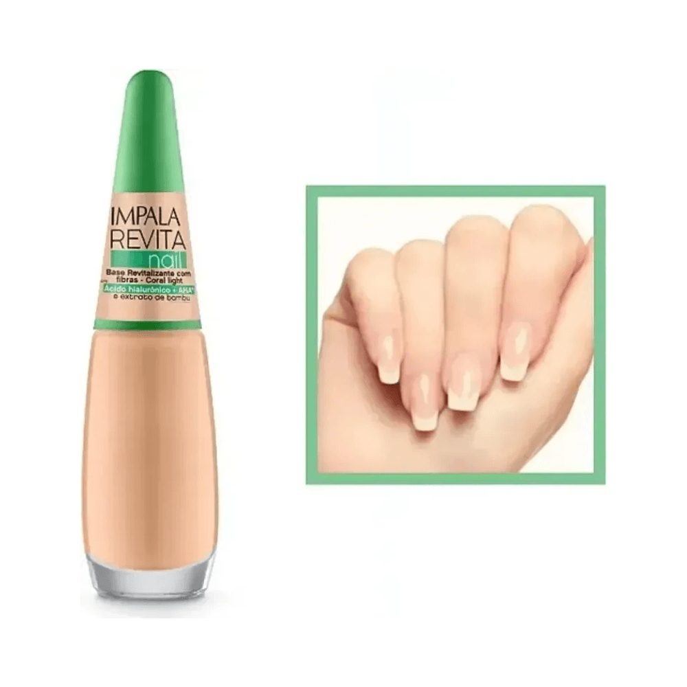 Base Revitalizante Impala Revita Nail Coral Light com exemplo de unhas naturais