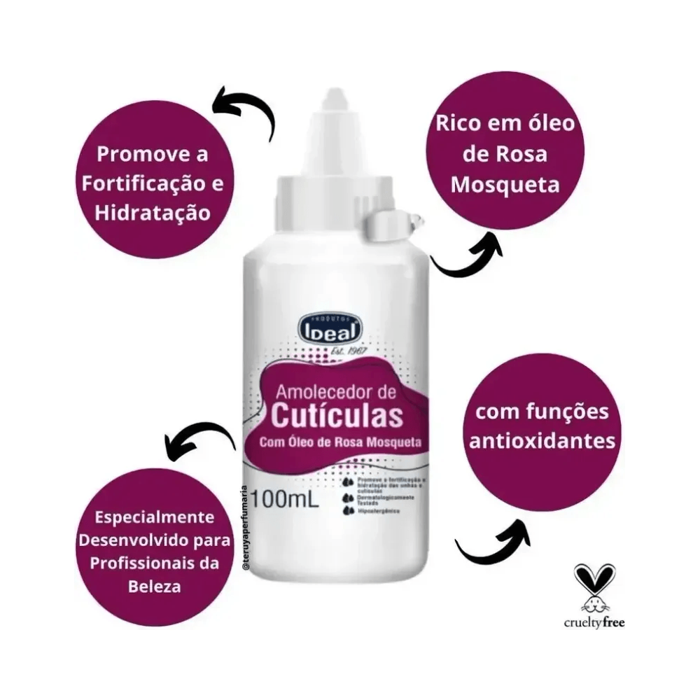 Frasco do Amolecedor de Cutículas Ideal 100ml com ícones informativos e selo cruelty-free