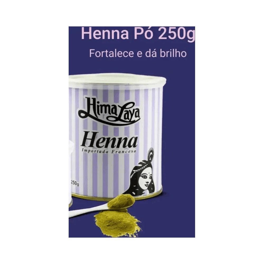 Lata de Henna Pó 250g Himalaya com colheres de pó demonstrando textura