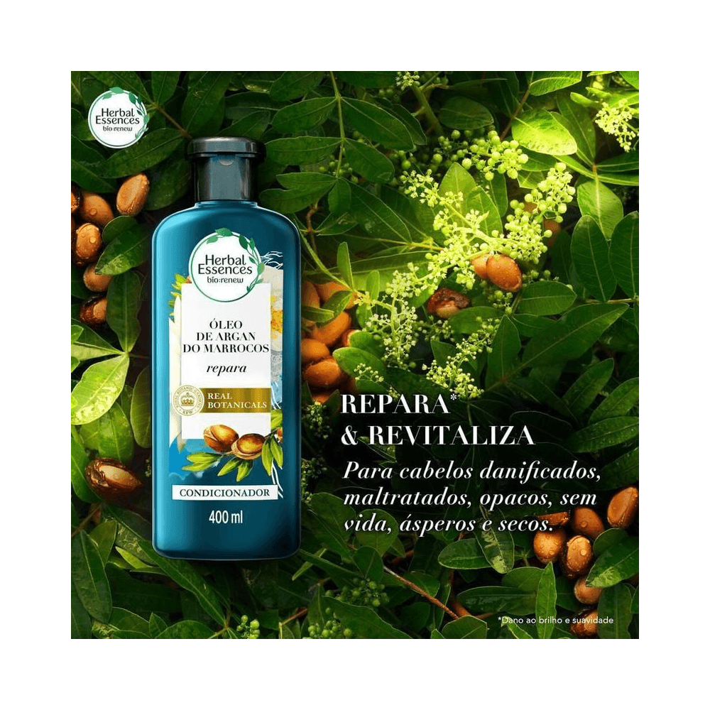 Condicionador Herbal Essences 400ml em composição com folhas e nozes de argan