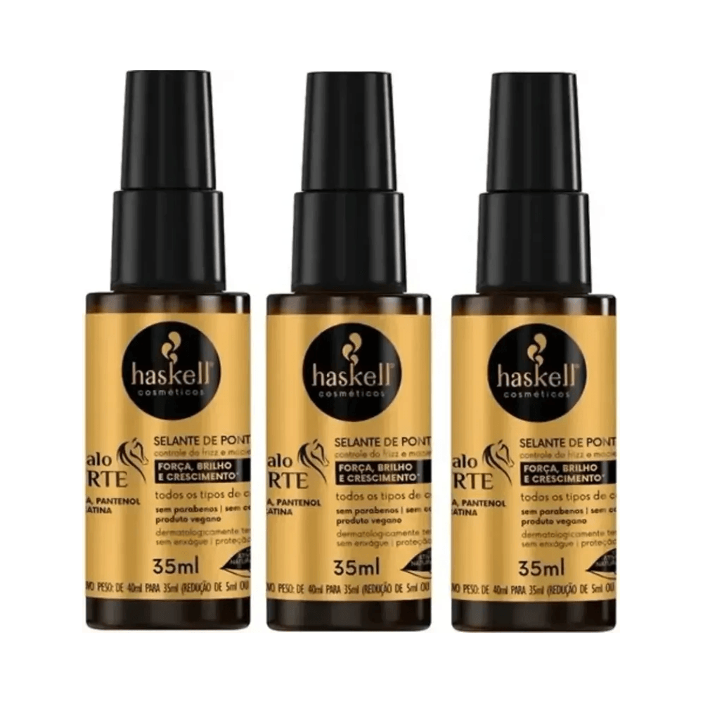 Três frascos do Selante de Pontas Haskell Cavalo Forte 35ml alinhados