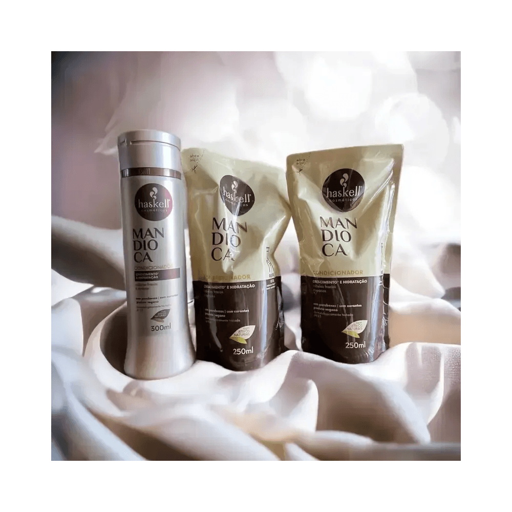 Conjunto Haskell Mandioca com refis 250ml e frasco, destaque para selo 'ativos naturais' e design pouch