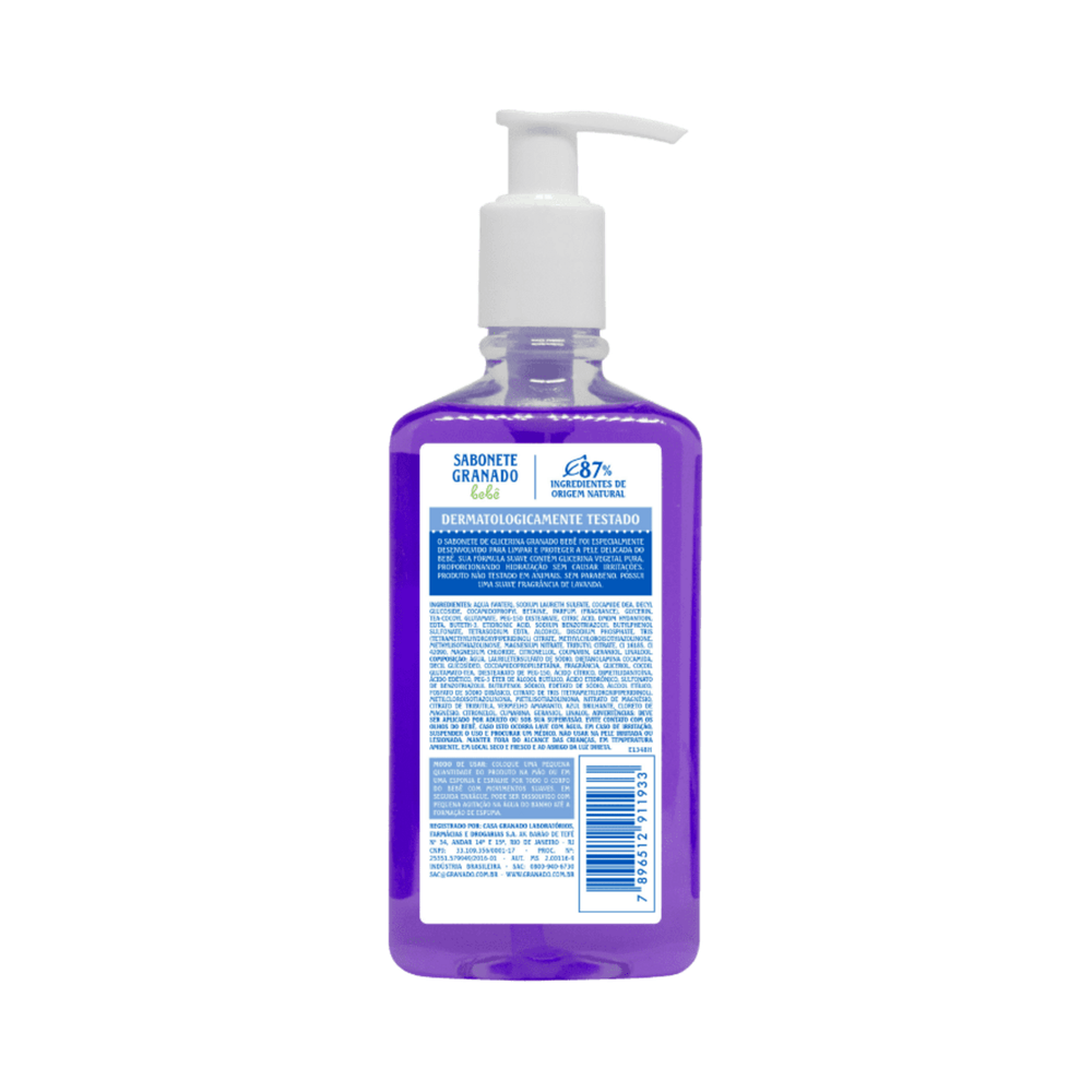 Verso do frasco mostrando rótulo com ingredientes e instruções - Sabonete Granado Bebê 250ml