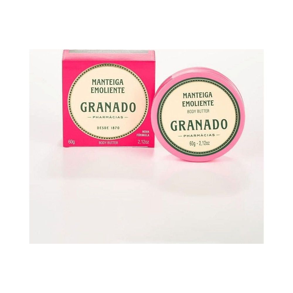 Pote e caixa Manteiga Emoliente Granado Pink 60g vista frontal