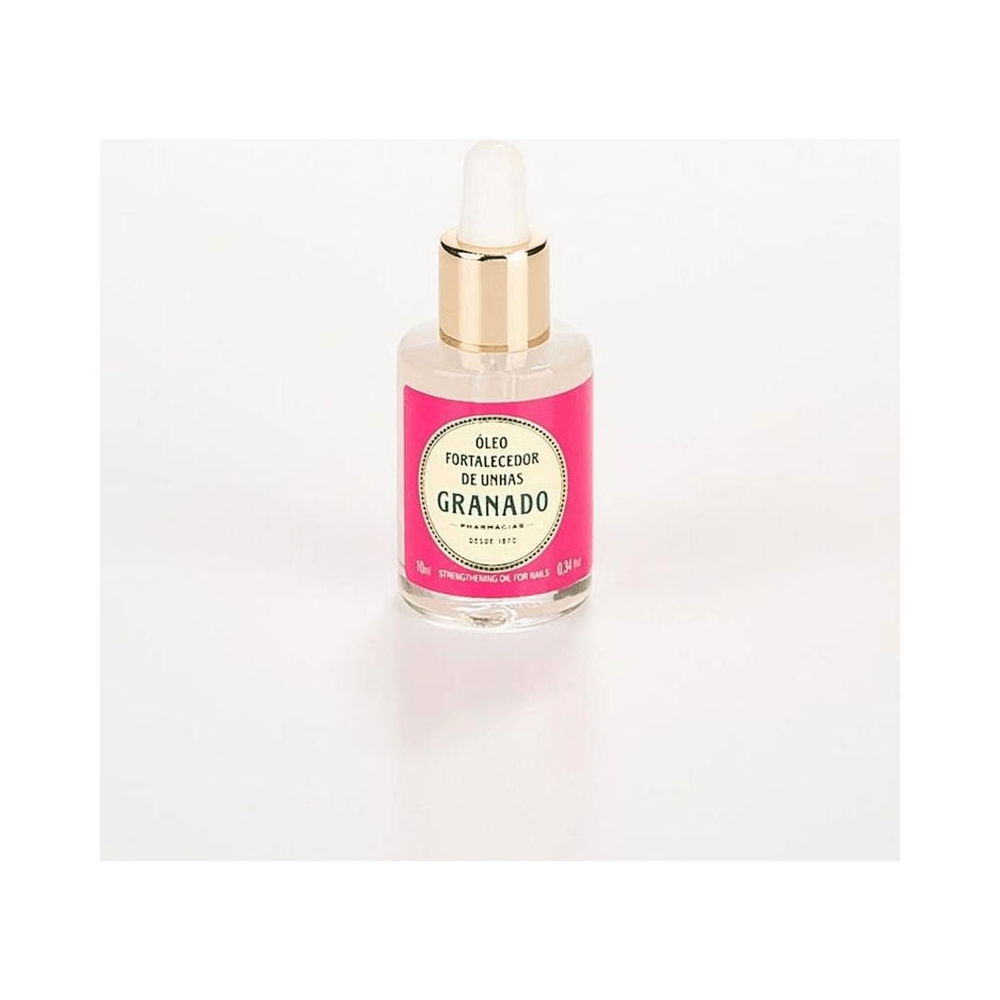 Frasco de óleo Granado 10ml com conta-gotas branco e detalhe dourado