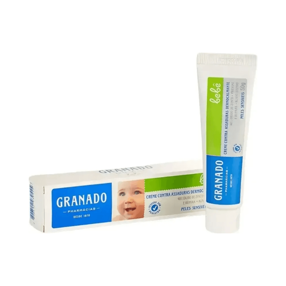 Tubo do creme Granado em pé com caixa ao fundo, close frontal