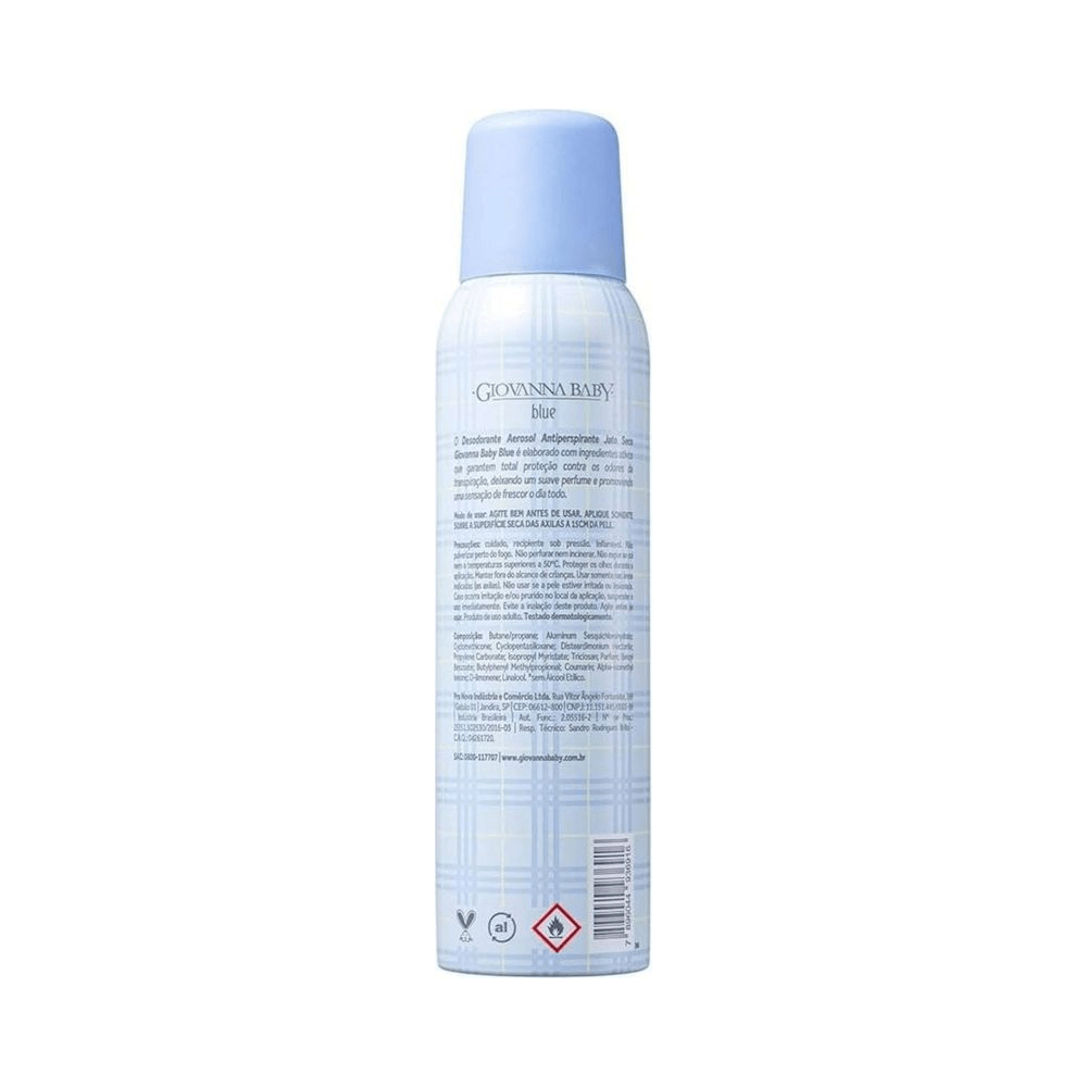 Visão traseira do desodorante Giovanna Baby Blue 150ml mostrando rótulo e instruções