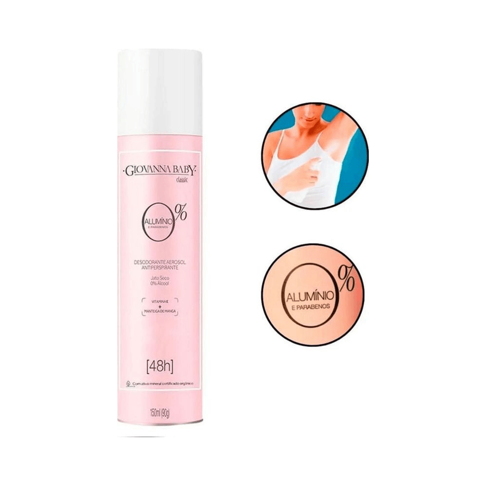 Desodorante aerosol Giovanna Baby com ícones de benefícios