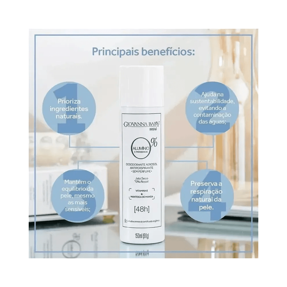 Frasco do desodorante Giovanna Baby com ícones de benefícios em bolhas