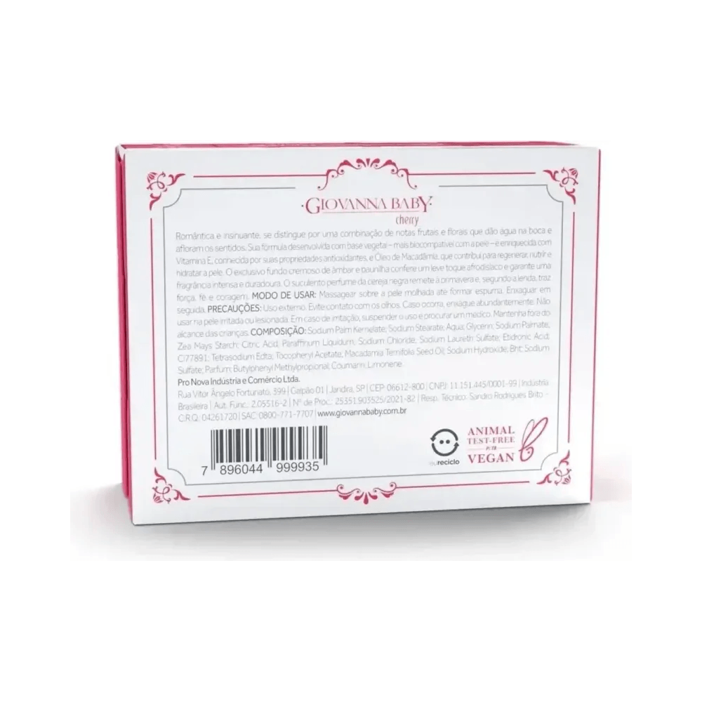 Sabonete Giovanna Baby Cherry 90g - verso da embalagem com ingredientes e selo vegano