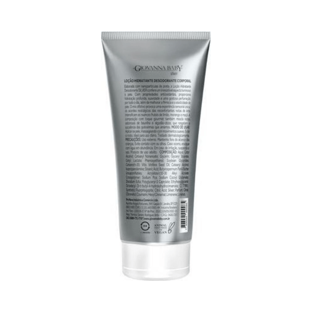 Verso da bisnaga Giovanna Baby Silver com painel de ingredientes e selos
