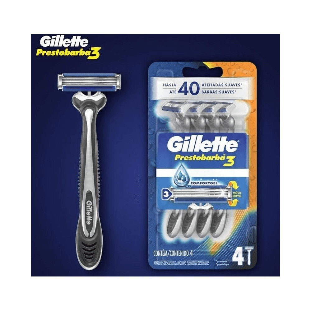 Aparelho Gillette Prestobarba 3 com destaque para cabo ergonômico