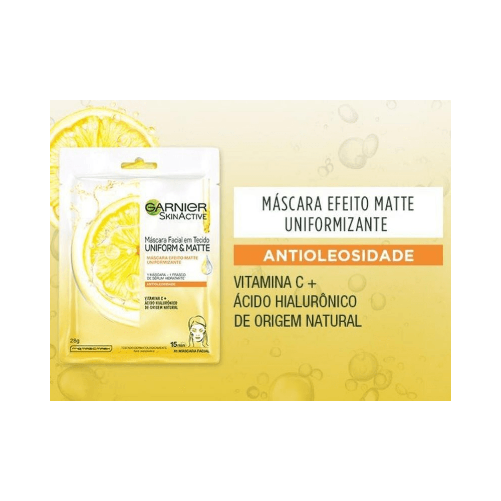 Imagem promocional da Máscara Garnier Uniform & Matte com destaque para ativos
