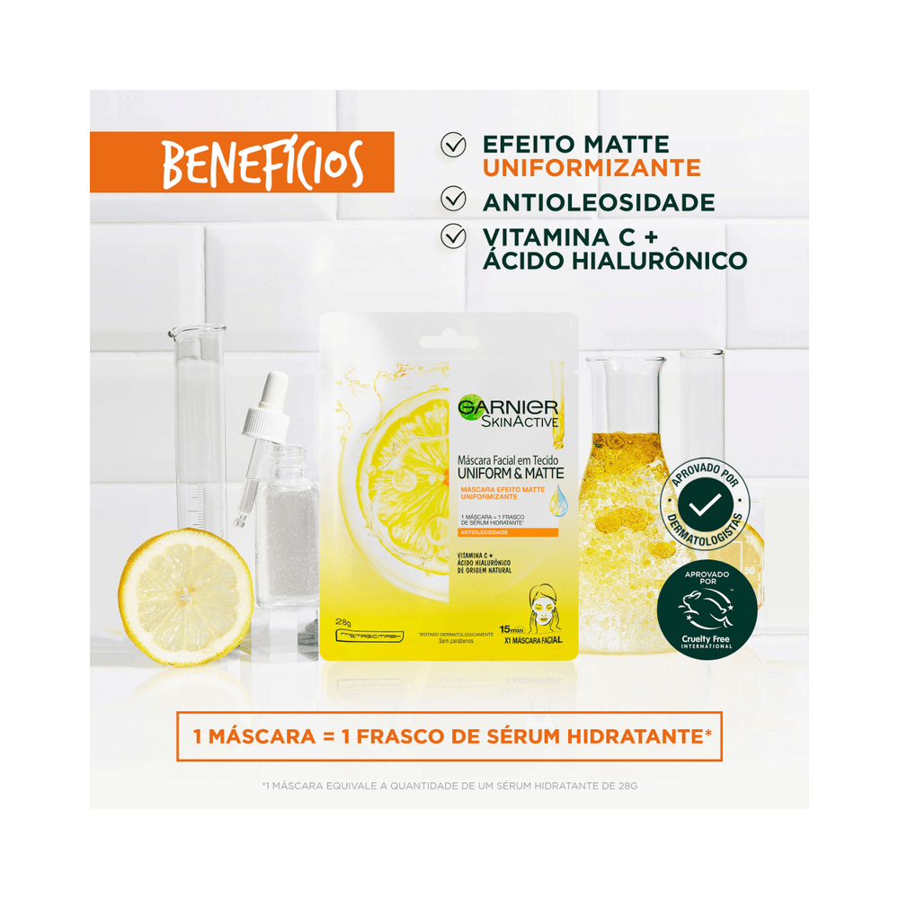 Composição da máscara Garnier com ativos Vitamina C e Ácido Hialurônico