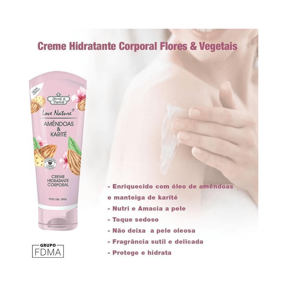 Modelo aplicando creme Flores & Vegetais com lista de benefícios ao fundo