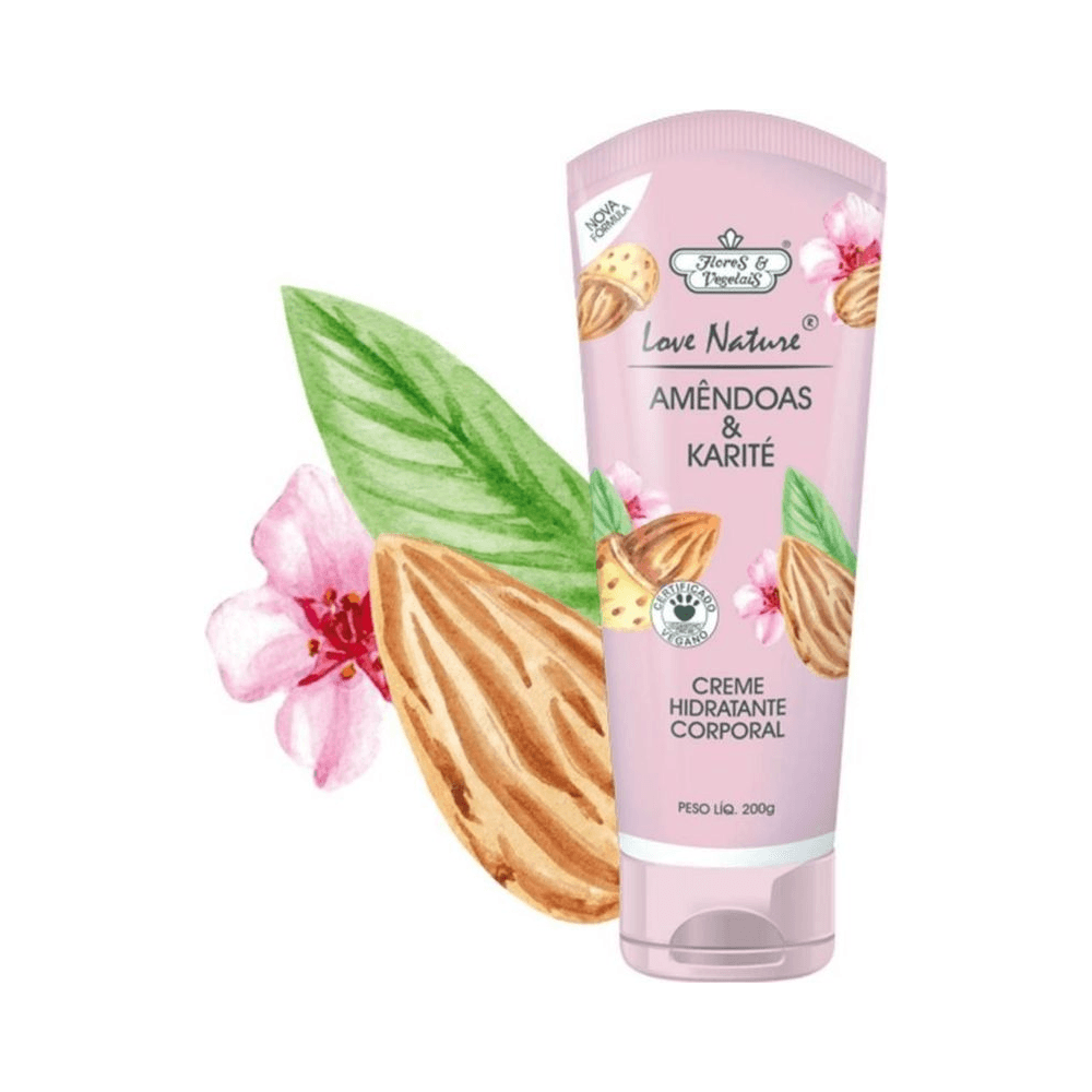 Composição gráfica do tubo do creme Flores & Vegetais com ilustrações de amêndoas e flor