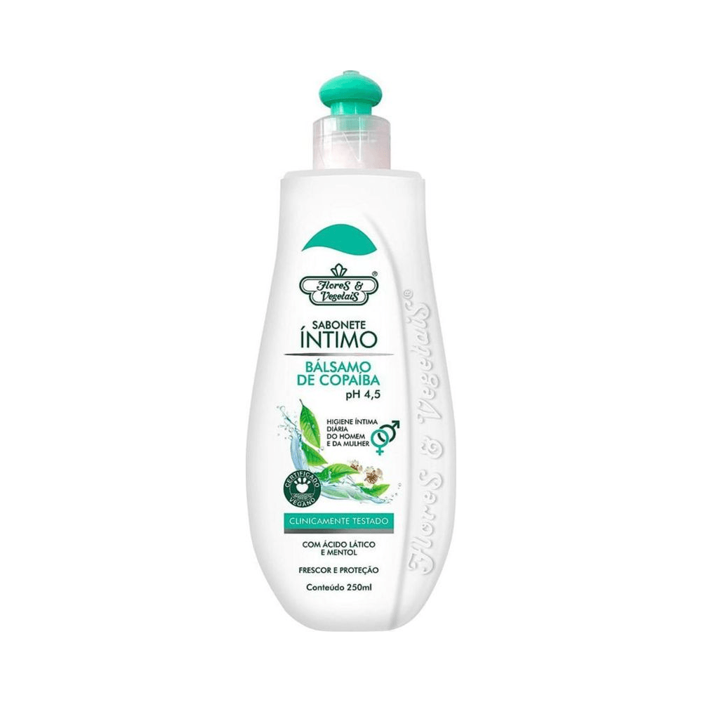 Frasco com tampa verde do Sabonete Íntimo Flores & Vegetais pH 4,5 250ml