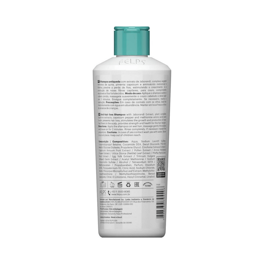Verso da embalagem com instruções e composição do Shampoo Felps Equilíbrio 250ml