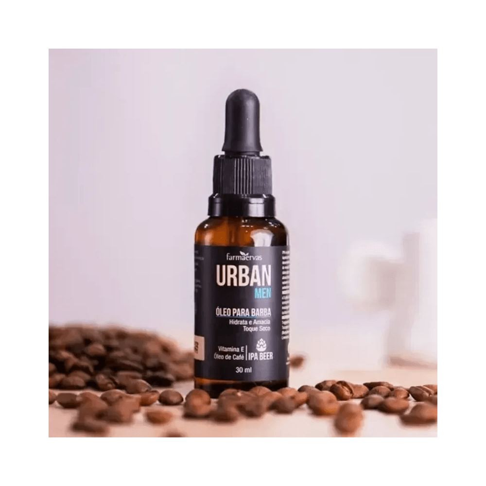 Frasco âmbar do óleo para barba Urban Men com grãos de café ao redor