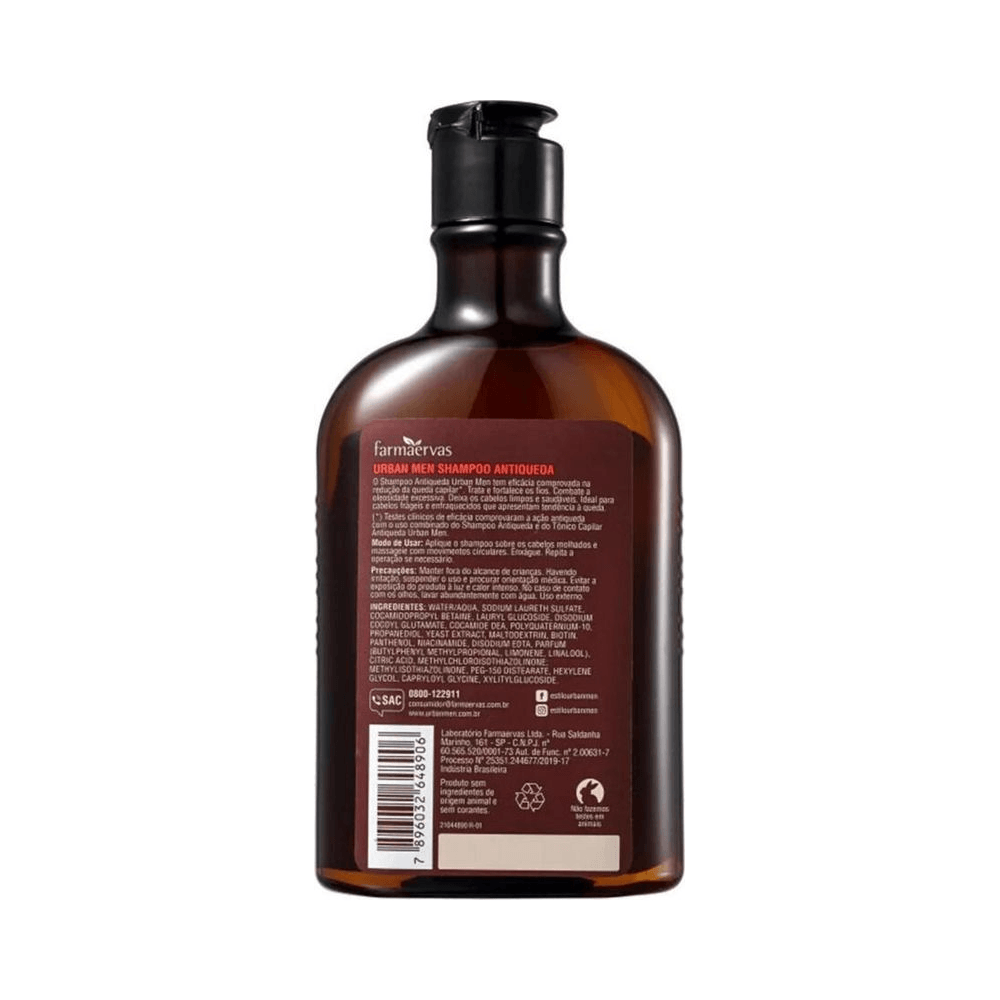 Verso do frasco do Shampoo Farmaervas Urban Men Antiqueda mostrando ingredientes e modo de uso