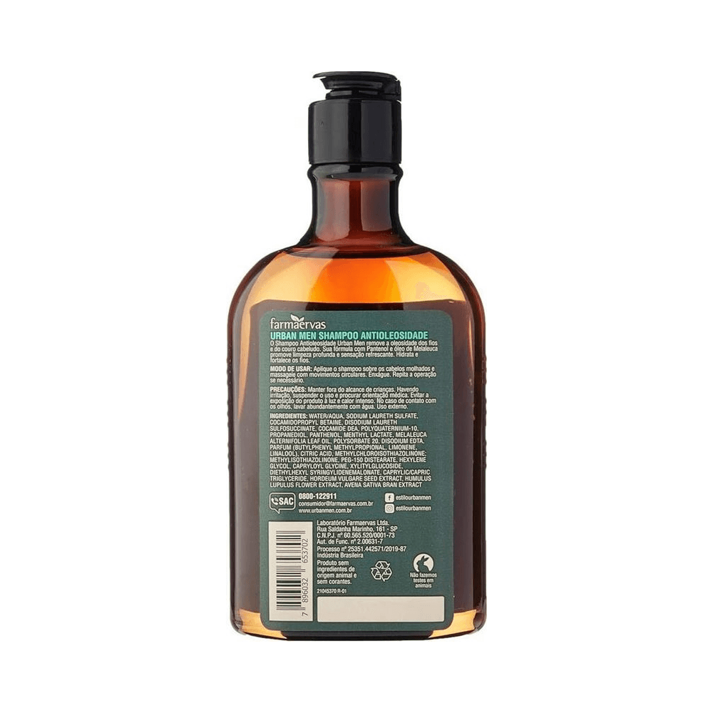 Verso do frasco do Shampoo Farmaervas Urban Men com informações técnicas