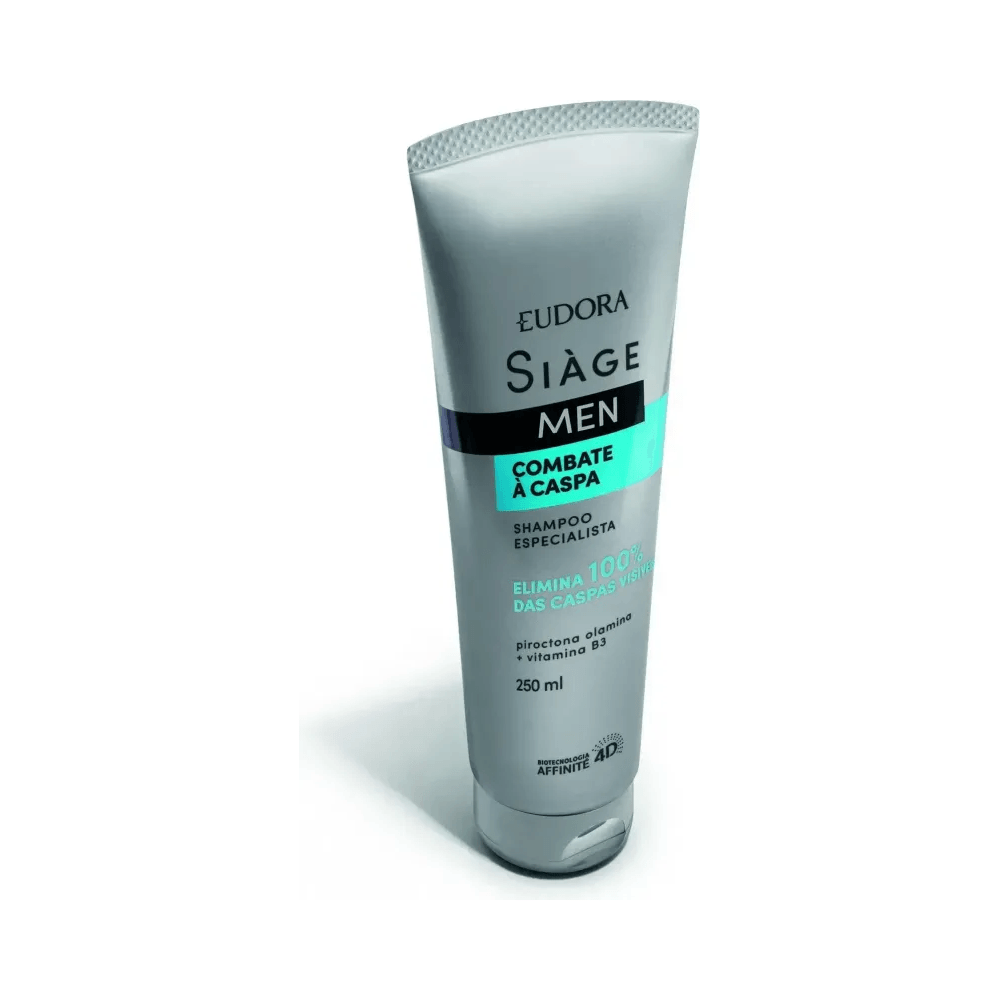 Frasco inclinado do Shampoo Siàge Men mostrando composição e volume