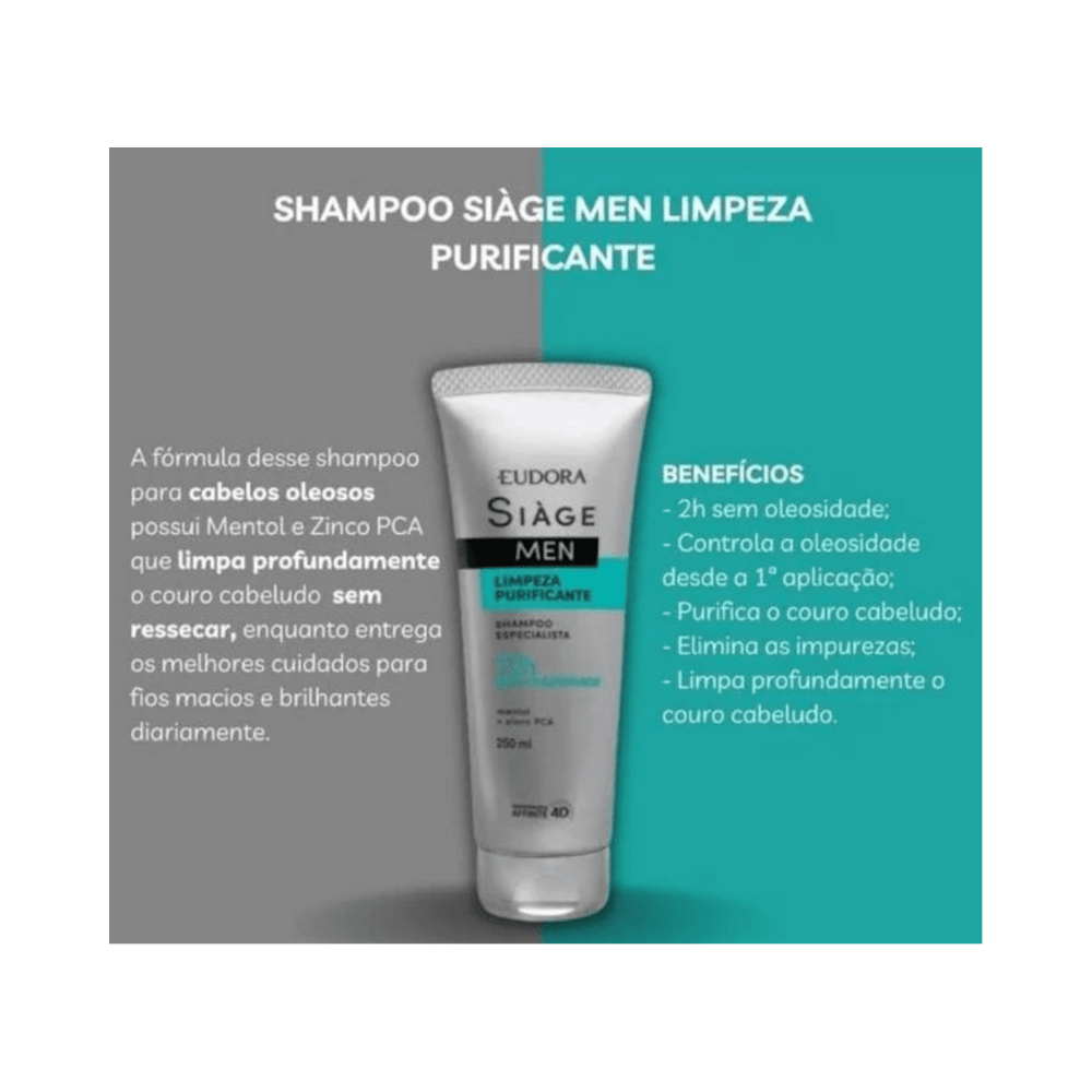 Imagem informativa do Shampoo Siàge Men 250ml destacando mentol e Zinco PCA