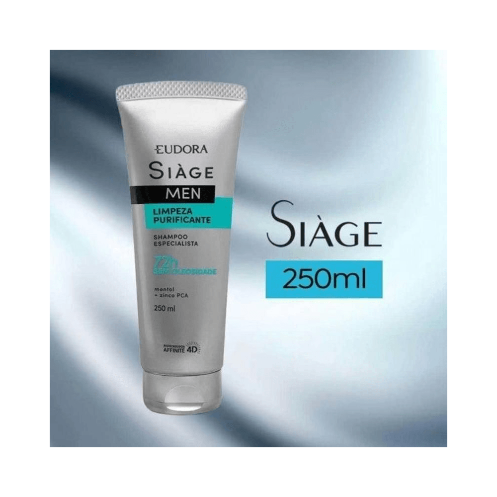 Shampoo Siàge Men 250ml em destaque sobre fundo claro mostrando mentol e Zinco PCA
