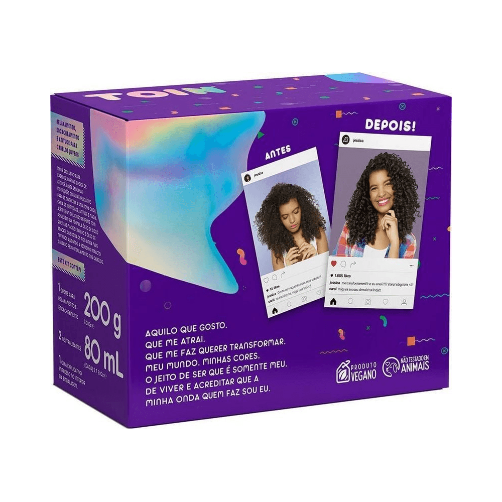 Verso da embalagem do Kit ToinFloft mostrando antes e depois e ícones de produto vegano