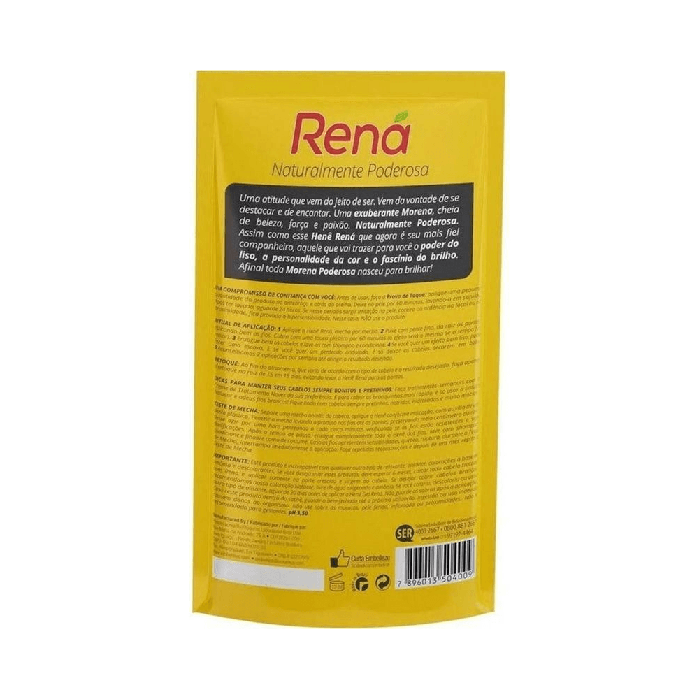 Verso do sachê Henê Rená 180g com instruções e composição