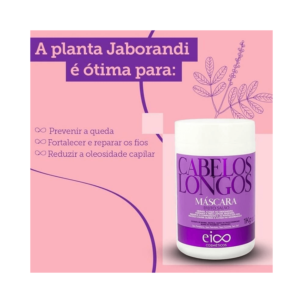 Imagem promocional com ilustração de jaborandi e pote da máscara Eico 1Kg