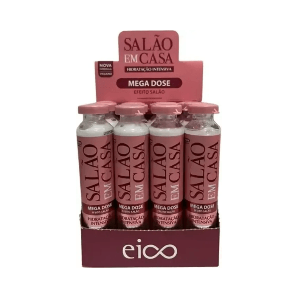 Display com seis ampolas Eico Salão em Casa Mega Dose sobre caixa rosa