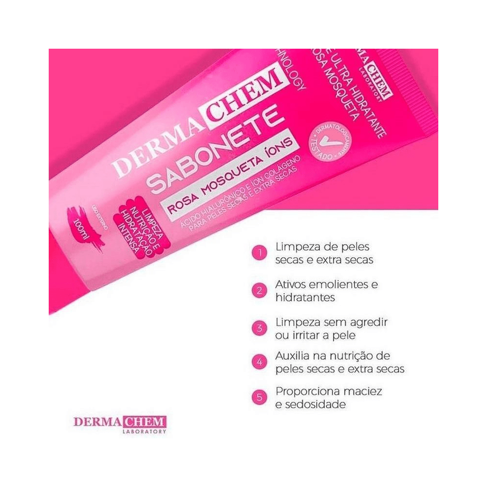 Tubinho do sabonete Dermachem com lista de benefícios em destaque