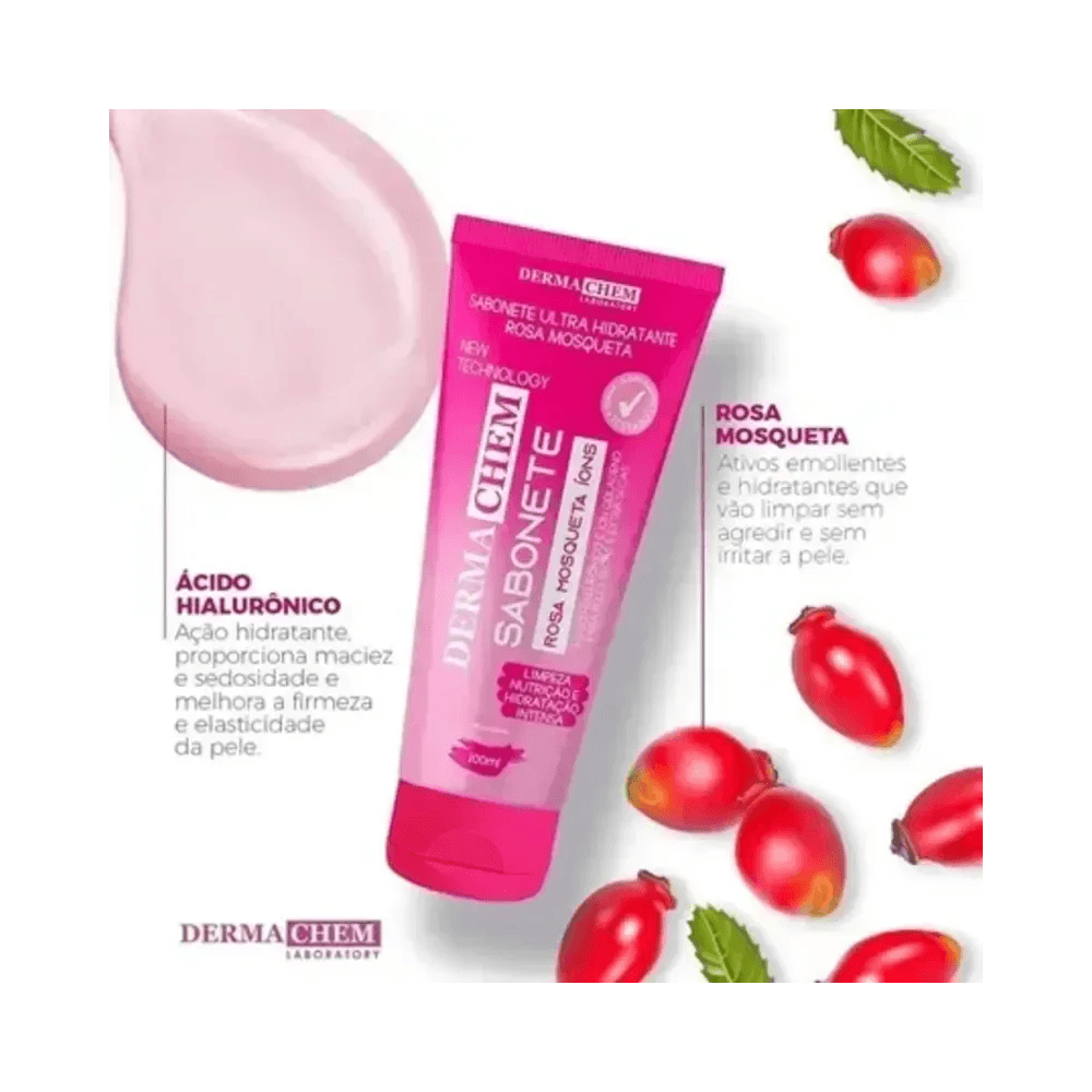 Arte do sabonete Dermachem com gotas e rosa mosqueta destacando ativos