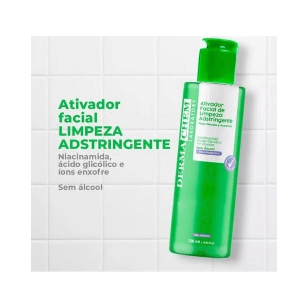 Imagem promocional com destaque para ativos do Ativador Facial Dermachem e frasco inclinado