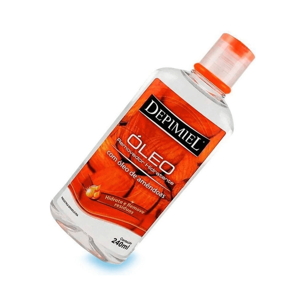 Frasco inclinado Depimiel 240ml destacando rótulo e tampa laranja