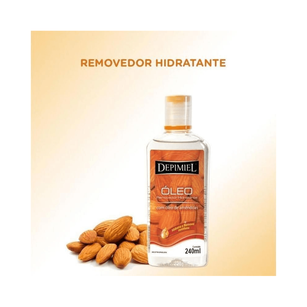 Frasco Depimiel 240ml ao lado de amêndoas inteiras em fundo creme