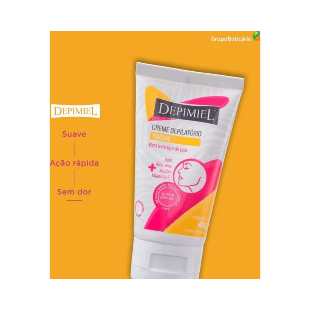 Imagem promocional Depimiel 40g com fundo laranja destacando suavidade e ação rápida