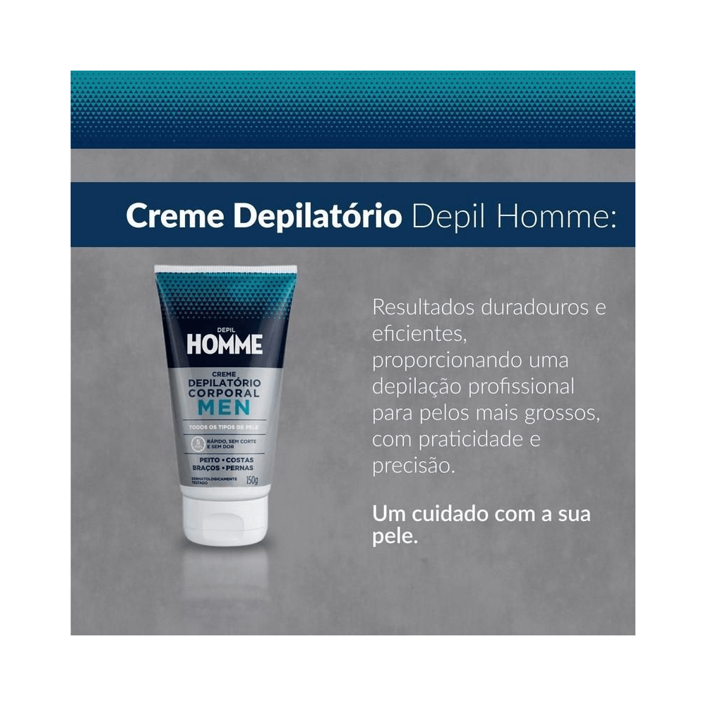 Imagem promocional do Creme Depilatório Depil Homme com benefícios destacados