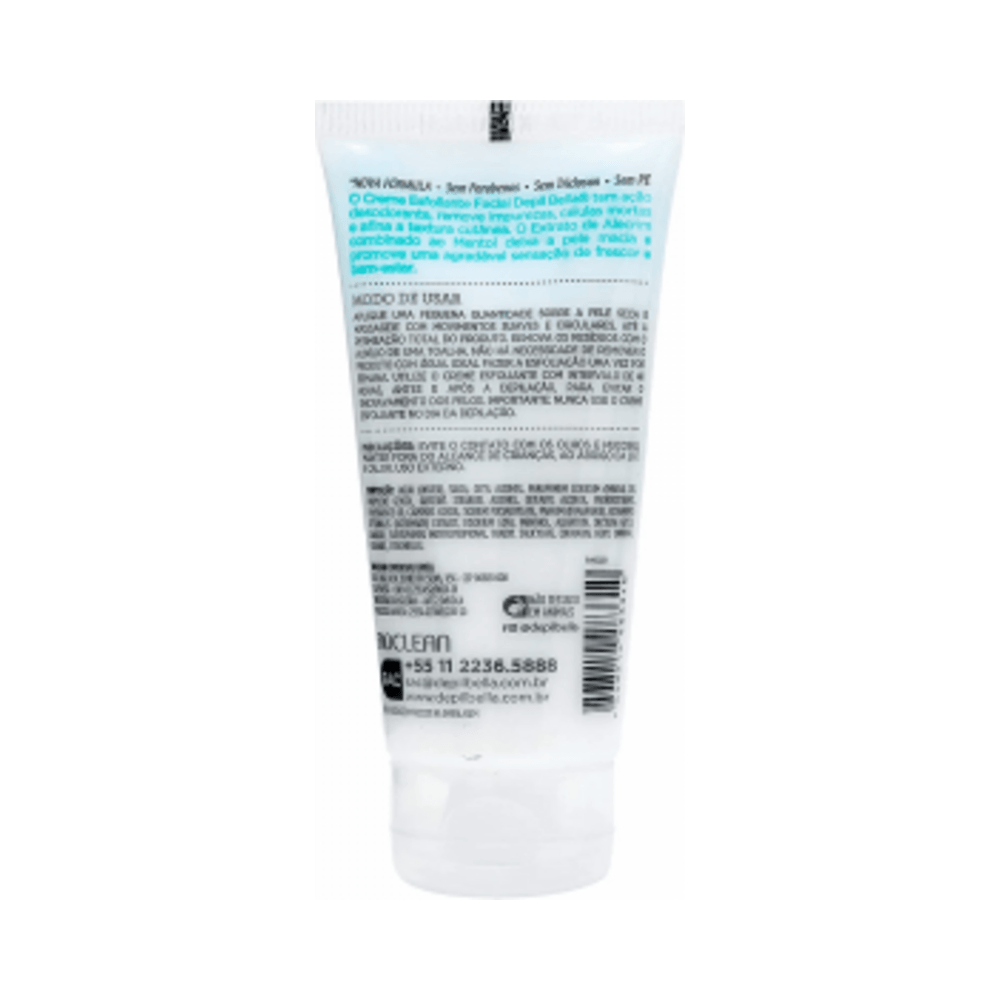 Verso do tubo mostrando instruções e ingredientes do Creme Esfoliante Depil Bella