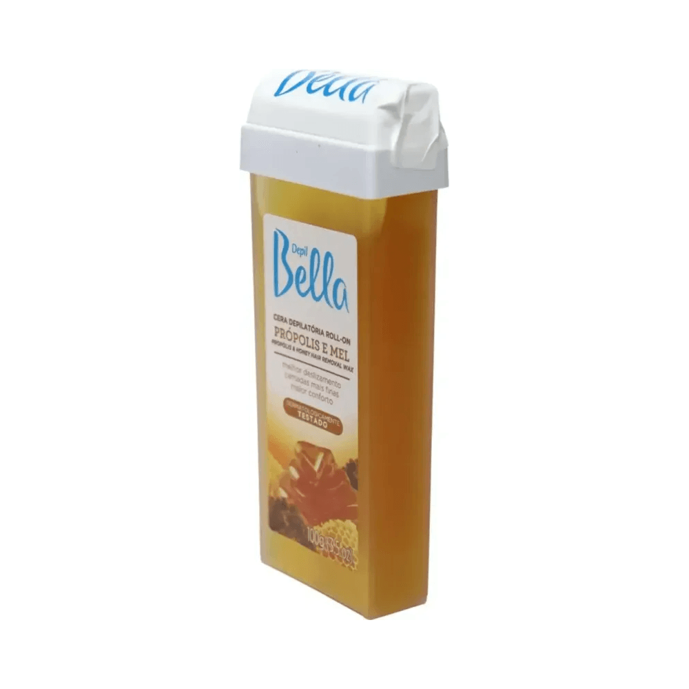 Cartucho dourado da Cera Depil Bella Roll-On Própolis e Mel 100g em ângulo