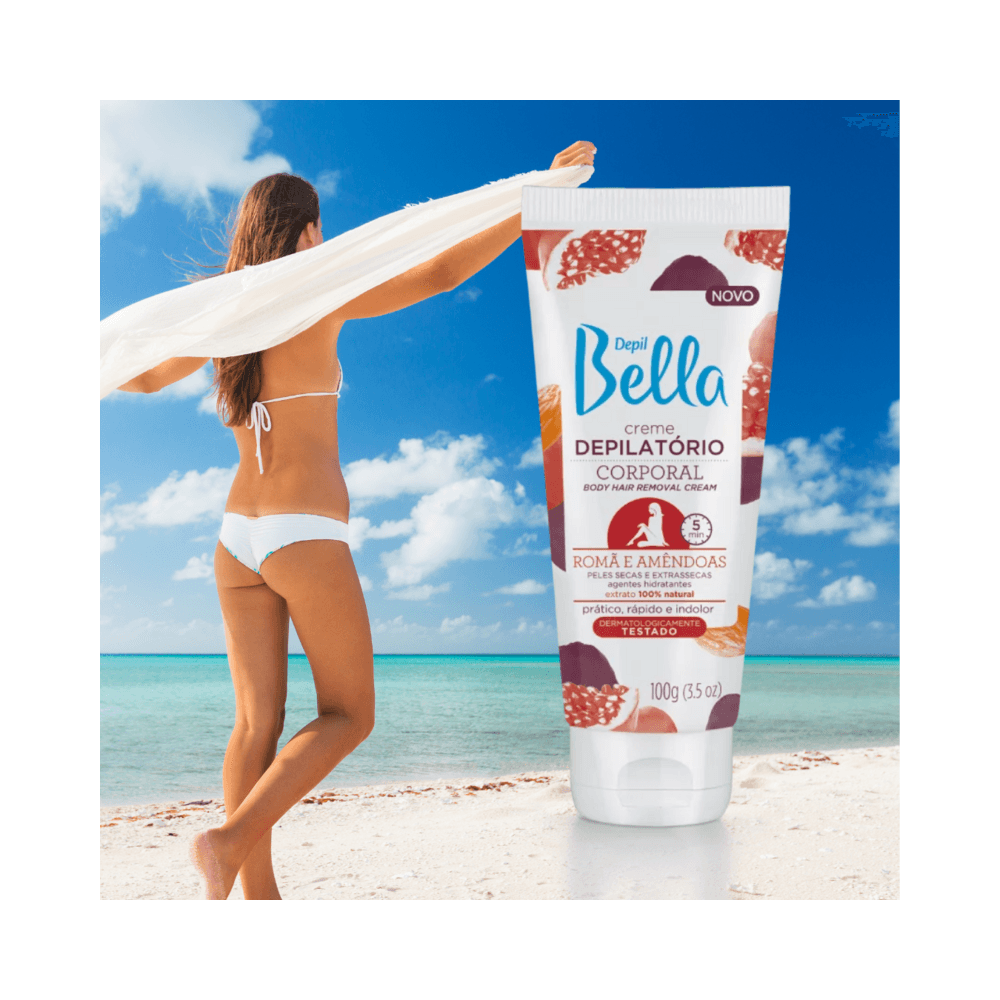 Composição publicitária do Creme Depilatório Depil Bella Romã e Amêndoas 100g em cenário de praia