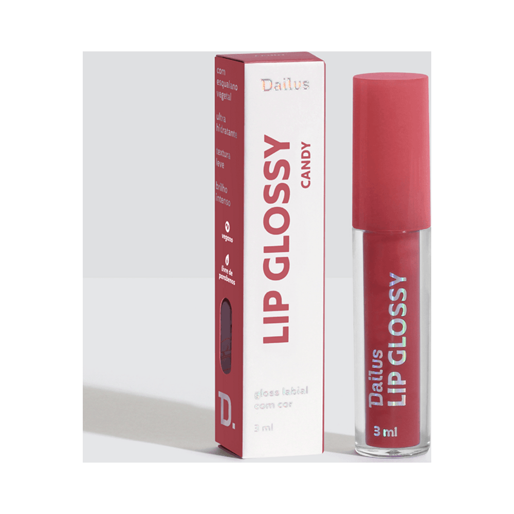 Embalagem e caixa do Lip Gloss Dailus Candy com destaque no rótulo