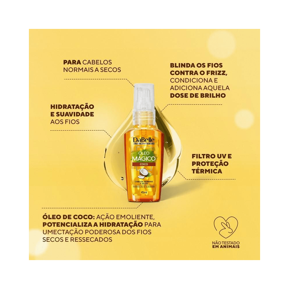 Frasco do Óleo Mágico Dabelle Hair Coco 40ml com ícones de benefícios e proteção térmica