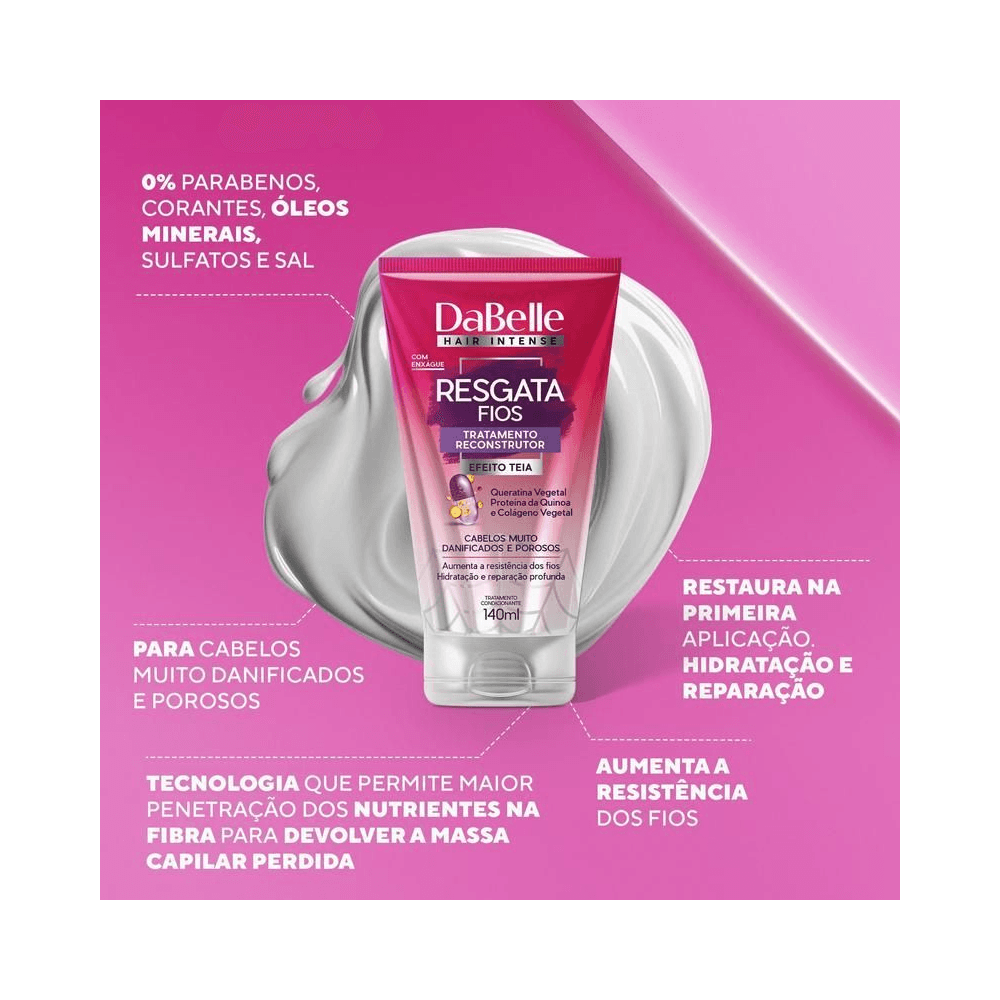 DaBelle Resgata Fios 140ml sobre textura cremosa destacando 0% parabenos e restauração na primeira aplicação