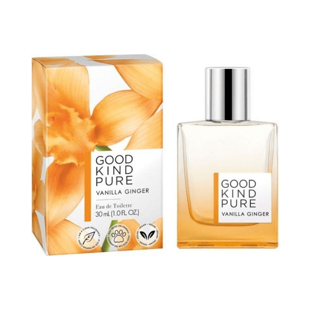 Frasco e embalagem Good Kind Pure Vanilla Ginger 30ml com caixa floral laranja