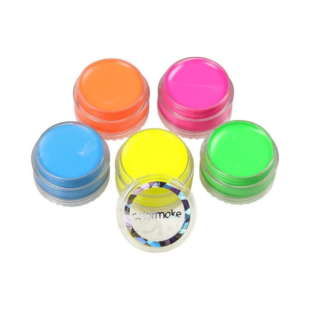 Visão superior dos 5 potes separados em formação circular mostrando as cores neon