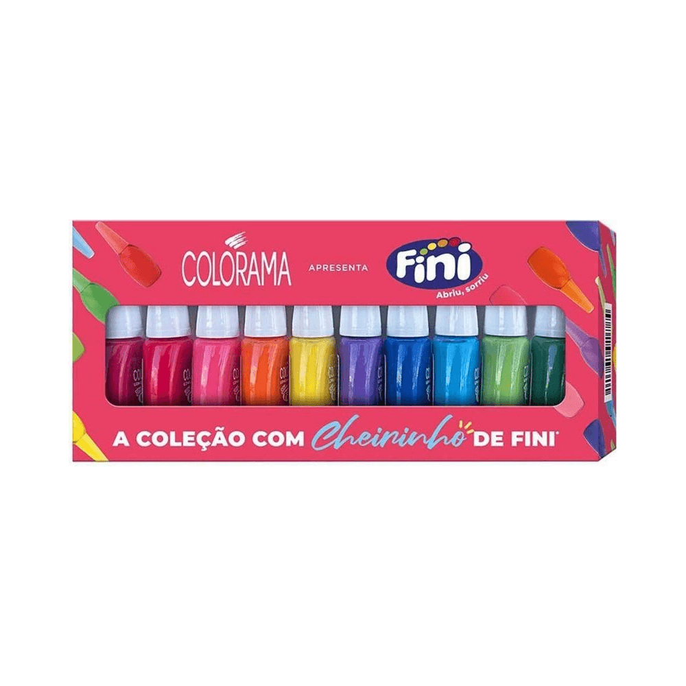 Caixa com visor mostrando 12 mini frascos de esmalte Colorama Fini alinhados