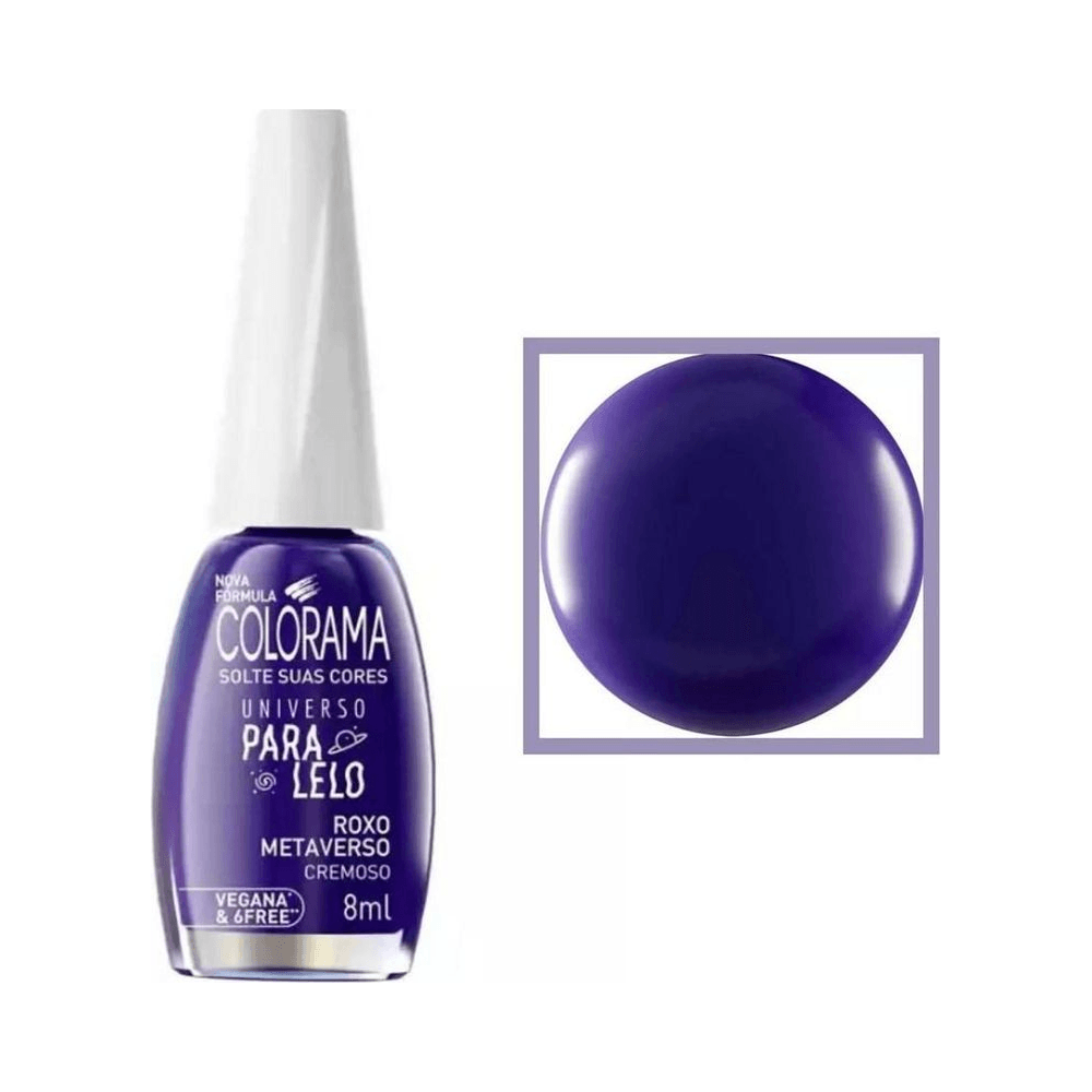 Frasco do esmalte ao lado de amostra da cor Roxo Metaverso mostrando brilho